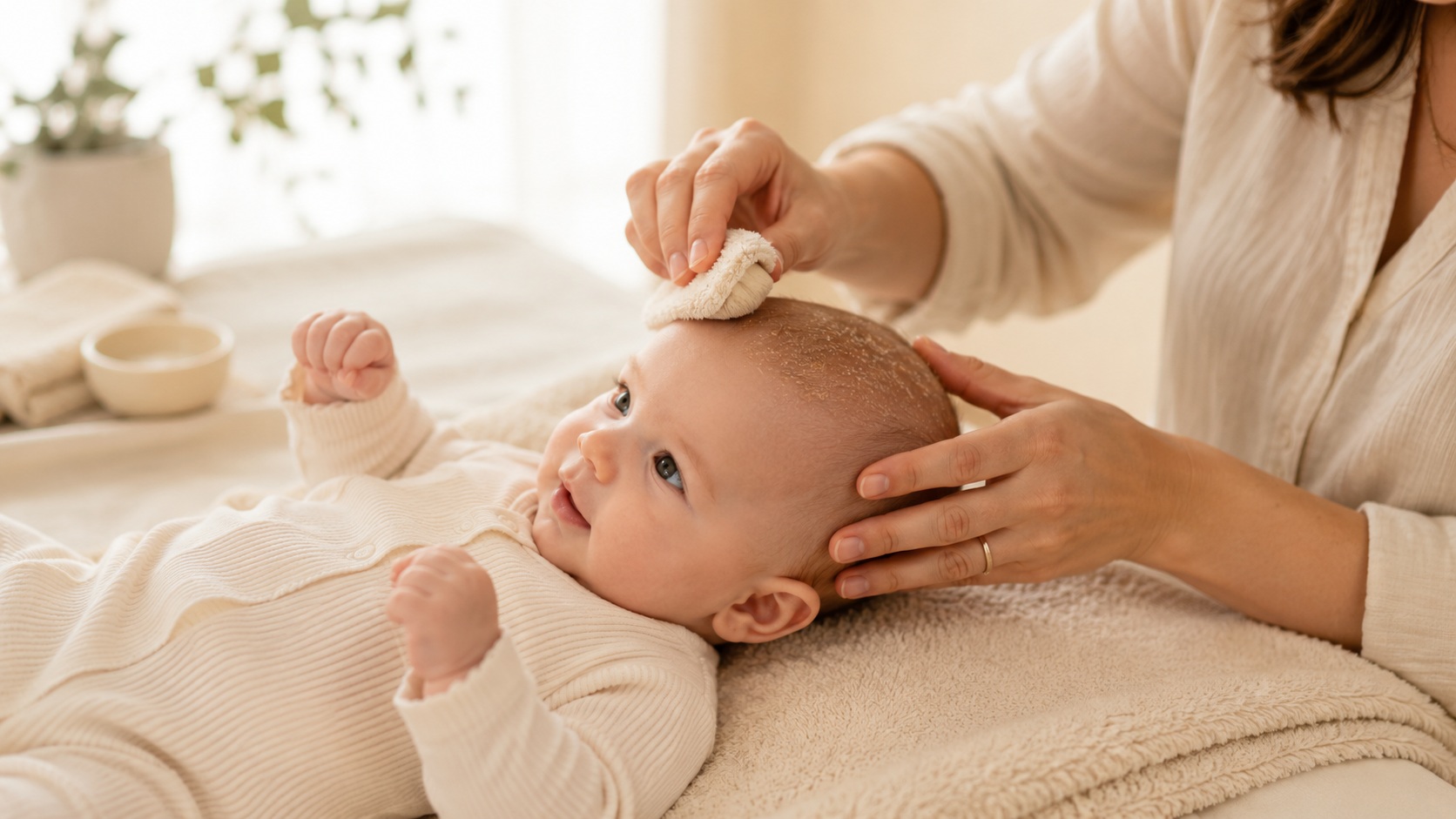 Baby mit zarter Kopfhaut wird sanft und liebevoll gepflegt